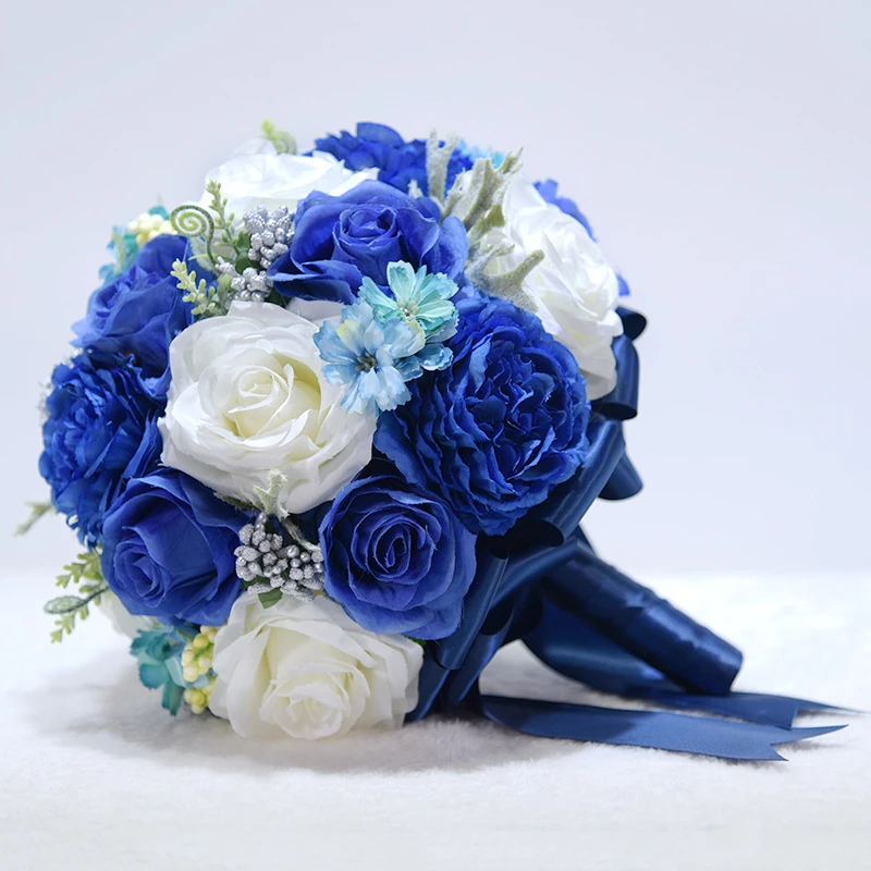 Bouquet De Mariee Bleu Royal Blanc Rose Pivoine Ronde Ruban En Satin Fleurs Artificielles Faites A La Main Elegant Bouquet De Mariee De Novia Aliexpress