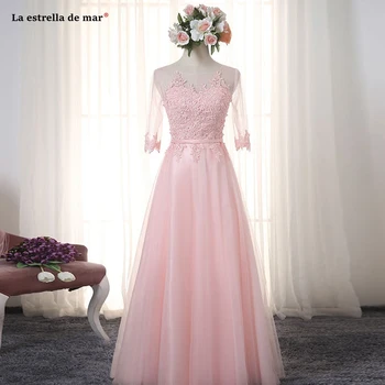 

Women elegant dresses for weddings2019 new Scoop neck tulle half sleeve pink burgundy silver bridesmaid dresses long sukienka