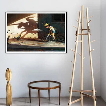 

Nordic Scandinavian Don Kichote Nursery Girl Boy Riding a Bicycle Wall Art Canvas Painting Print And Poster For Kids Room Decor