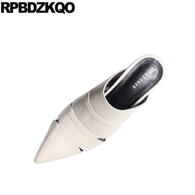 

Pointed Toe Thick Beige Pumps Genuine Leather Mules Slipper Sandals Gladiator Medium Heels Women Fashion 2018 Summer Shoes