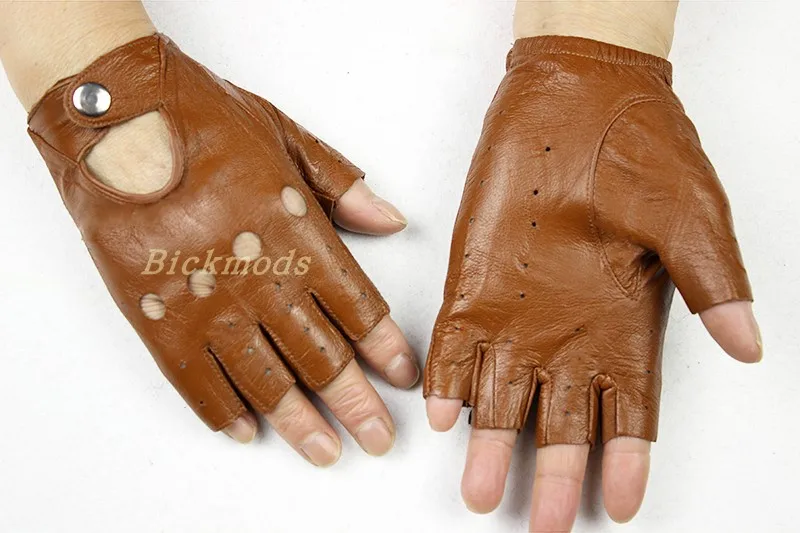 Chocolate button Кожаные перчатки на половину пальца, женские модные тонкие стильные короткие перчатки из овчины без пальцев для спорта на открытом воздухе - Цвет: Chocolate button