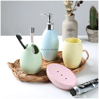 

Candy-colored ceramic bathroom four-piece Nordic simple bathroom supplies lotion bottle mouth cup soap dish set