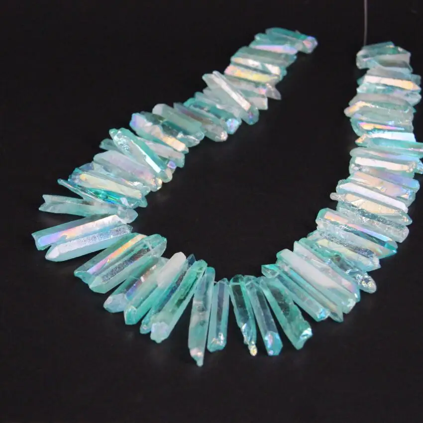 

15.5"strand Blue AB Titanium Crystal Quartz Top Drilled Point Beads,Raw Crystal Stick Graduated Pendants For Jewelry Making