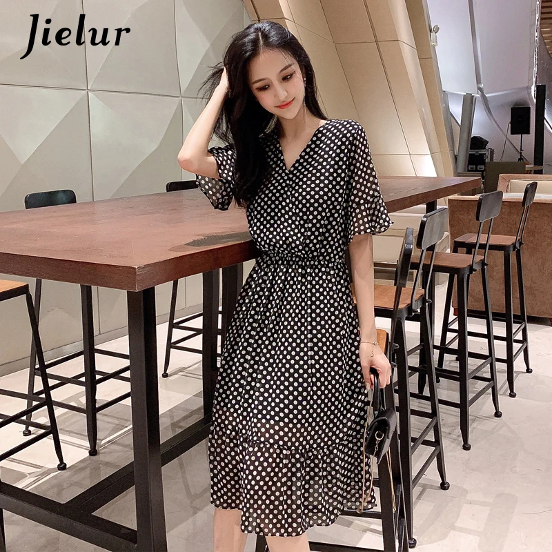 Jielur платья летние женские шифоновые в горошек для женщин элегантное платье с v