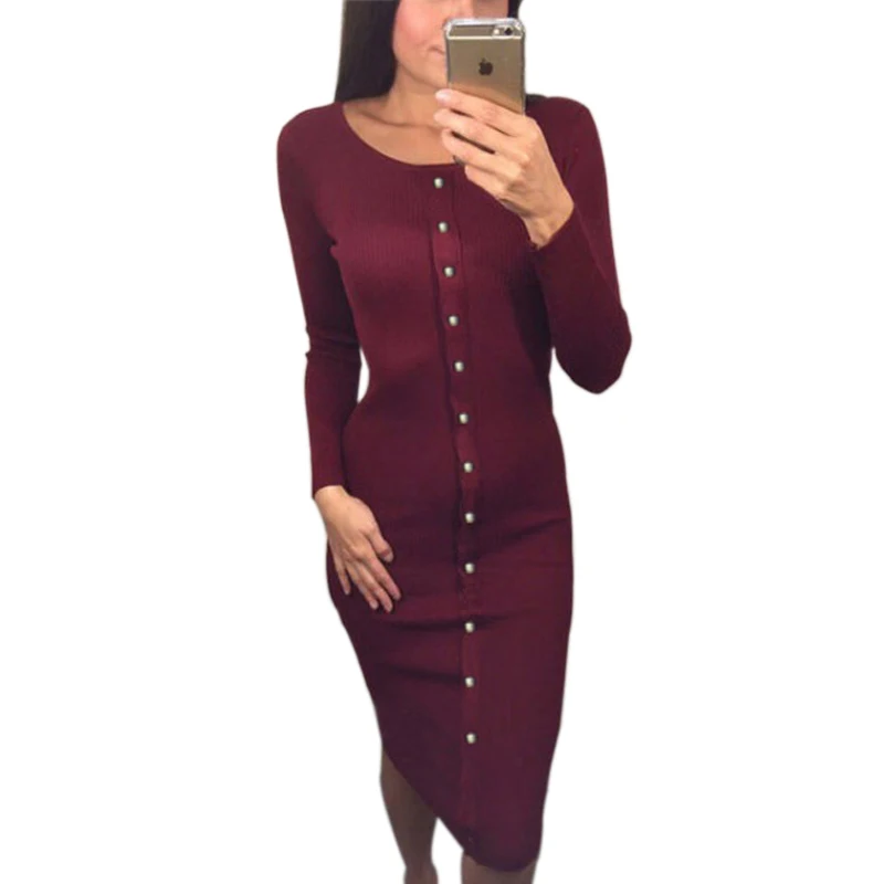 

Knitting Midi Dress 2019 Warm Women Knitted Mid-calf O-neck Dresses Package Hip Sheath Bodycon Dress With Buttons PL062L