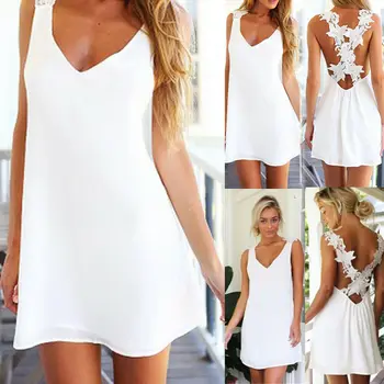 

Hirigin Women Fashion Summer Casual Backless Sleeveless V-Neck High Waist Slim Lace Hollow Out Evening Party Short Mini Dress