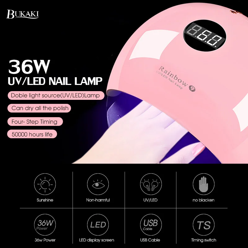 

BUKAKI 36W UV Lamp Gel Nail Dryer Pink UV Lamp Curing for UV Nail Gel Polish Curing Machine for Home Use Nail Art Tools