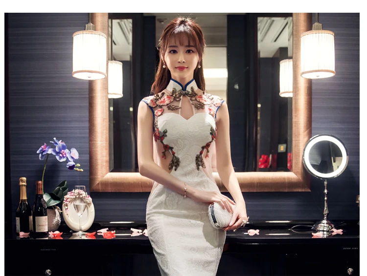 Новое традиционное китайское современное Cheongsam Белое кружево вышивка Qipao свадебное платье для женщин Qi Pao Восточный стиль платья сексуальные