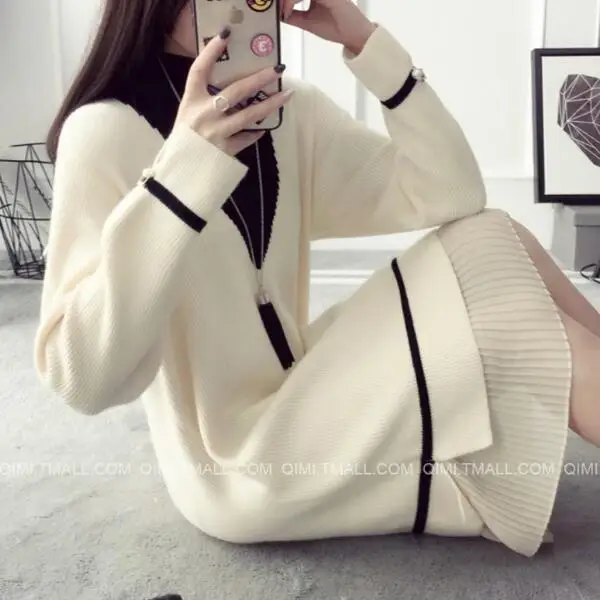 

Women Autumn and Winter dress 2019 women's wool knitted large size long-sleeve stripe warm wool sweater dress AF275