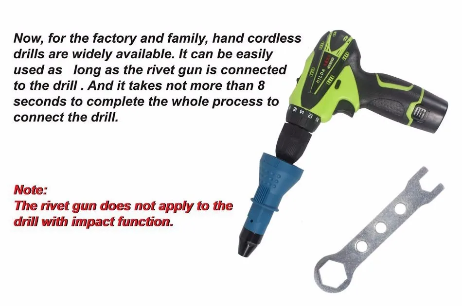 HILDA Electric Rivet Nut Gun Riveting Tool Cordless Riveting Drill Adaptor Insert Nut Tool Riveting Drill Adapter 2.4mm-4.8mm