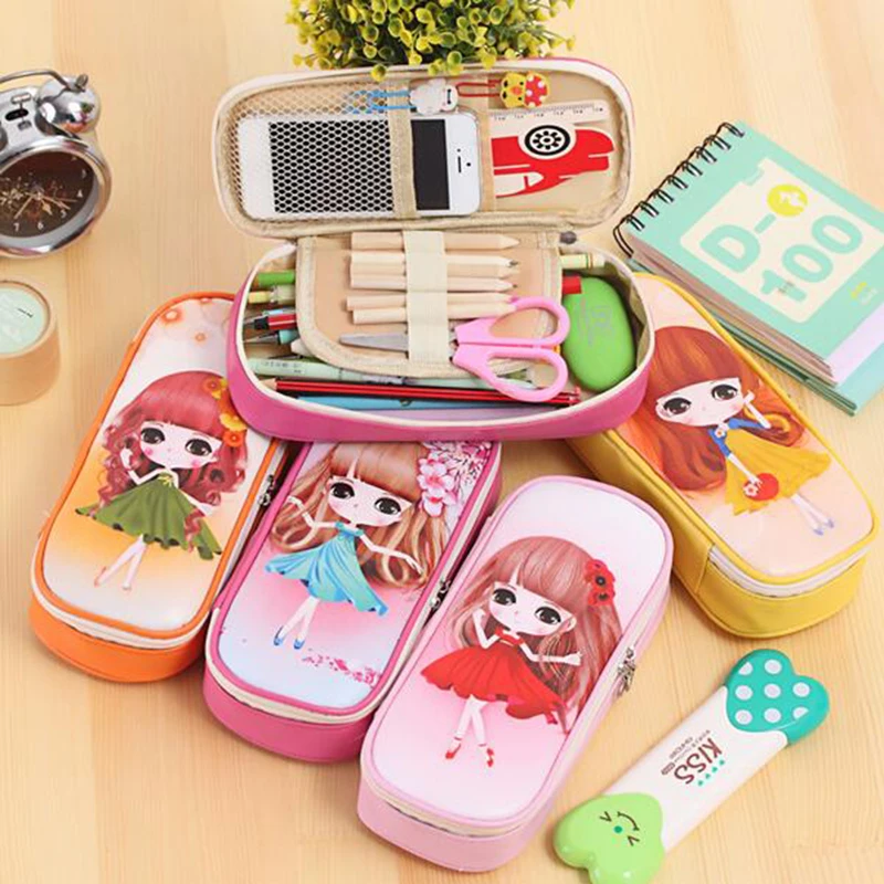 kawaii Lovely Girls School Pencil Case Large Capacity PU Leathe Pencil