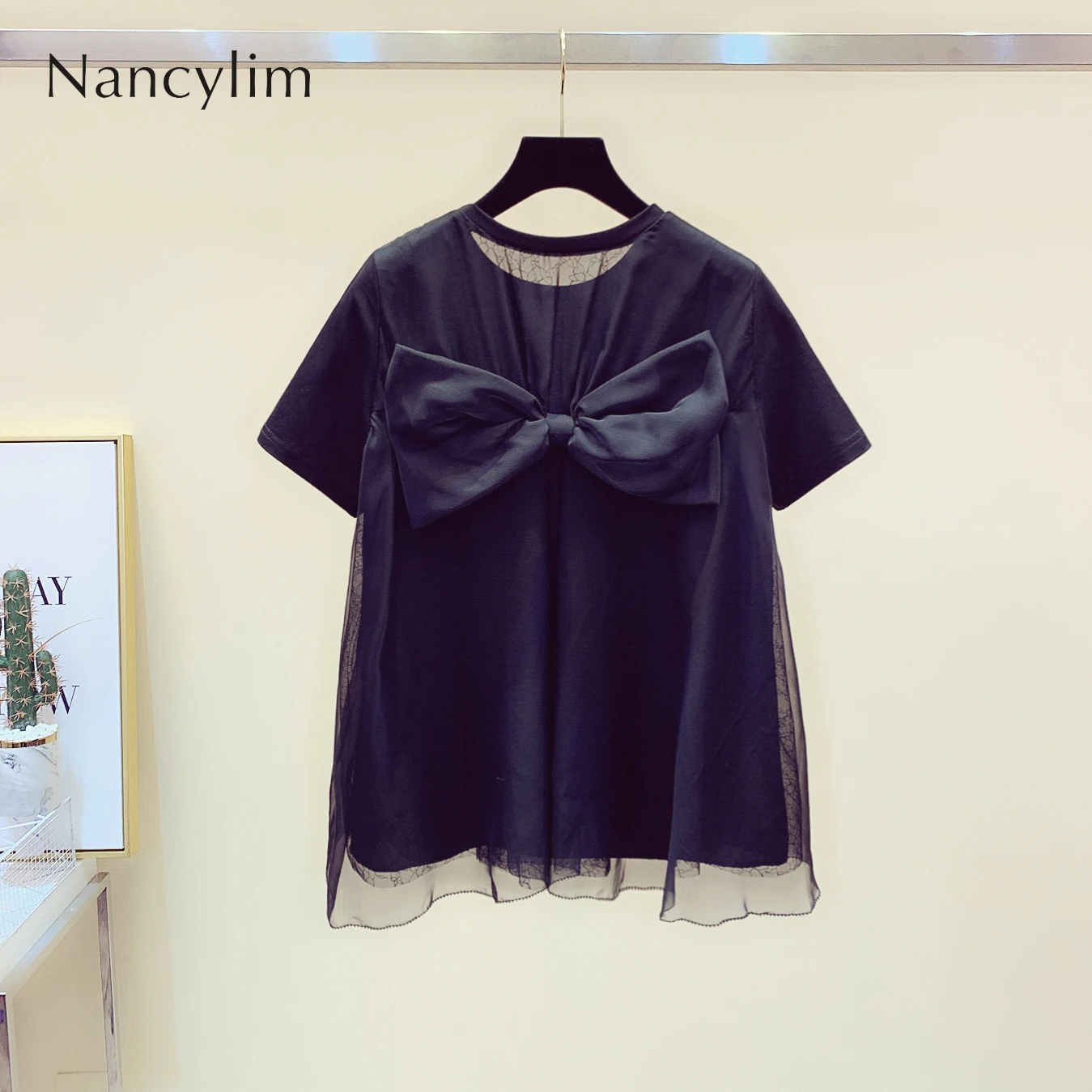 

2019 Summer New Women's Fashion Short Sleeve T-shirt Back Splice Mesh Bow Shirt Nancylim Tops White / Black Tshirt Student Tees