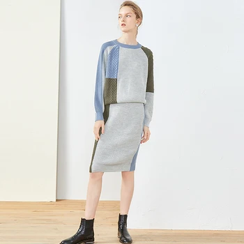 

Knitted Suits Two Pieces Set Viscose Blends Knitted Patchwork Design O Neck Long Sleeves 2 Colors Casual New Fashion Style 2018