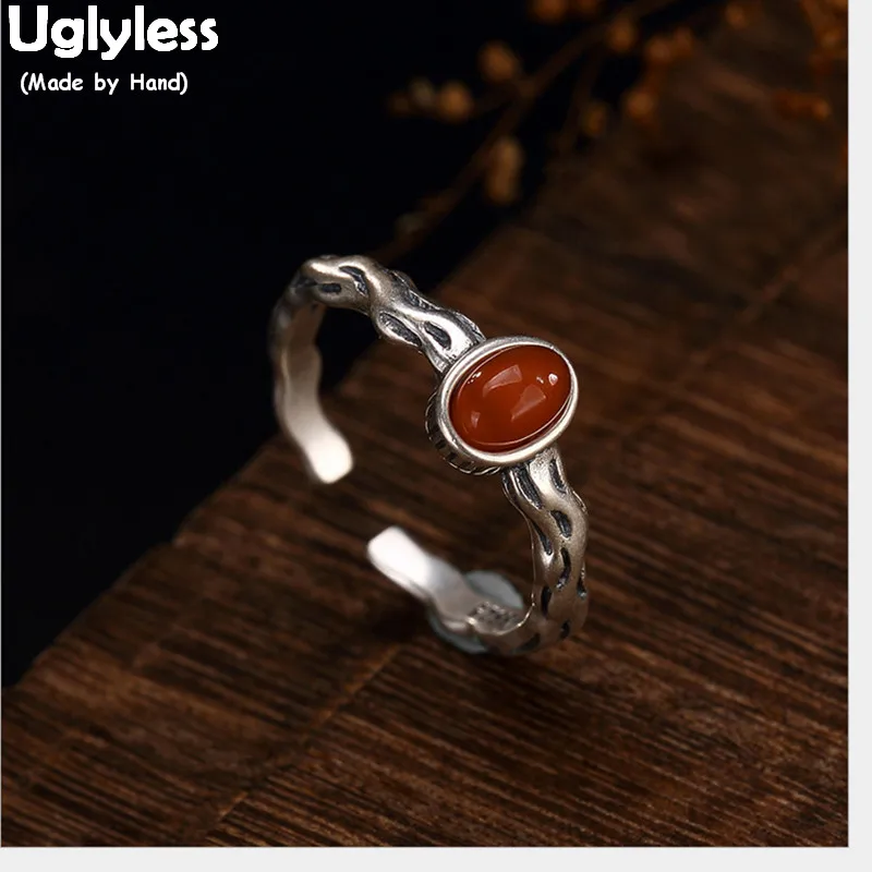 

Uglyless 100% Solid 925 Sterling Silver Fine Jewelry Natural Oval Agate Finger Rings Women Ethnic Thai Silver Open Ring Bijoux