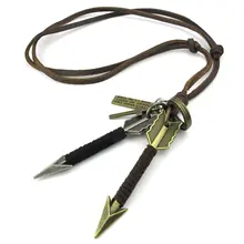Jewelry Men Women Necklace Adjustable Sizes Cups Arrow Cross Alloy Pendant with Leather Necklace Brown
