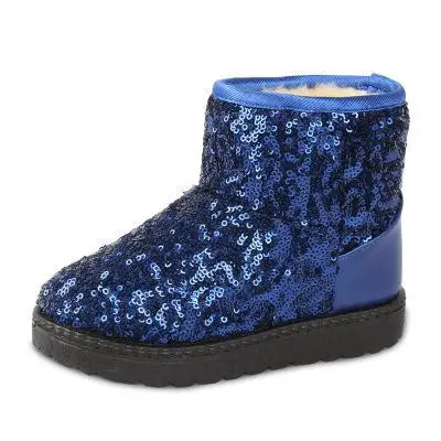 Зимние детские ботинки, расшитые блестками; кожаные зимние ботинки для девочек; обувь для малышей; ботильоны для мальчиков; модные плюшевые теплые детские ботинки на резиновой подошве - Цвет: Blue