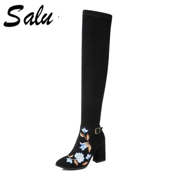 

Salu 2020 new plus Size Luxury Design Shoes Women Sequined Knee High Boots Genuine Leather Stretch Party Autumn Winter Boot