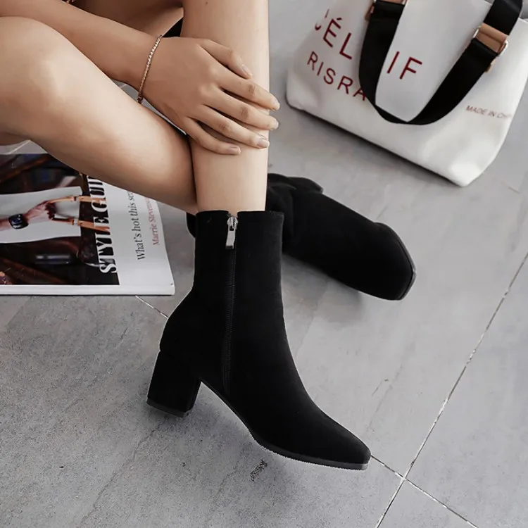 

Big Size 11 12 13 14 15 16 17 18 19 Lady's square head medium thick heel short tube pure color contracted ankle boots