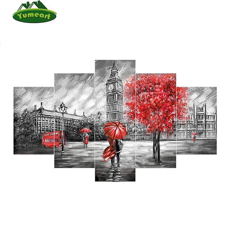 

Diamond Painting Cross Stitch Diamond Embroidery London Tower Car Diamond Mosaic Red Umbrella Romantic Lover Pattern 5pcs/set