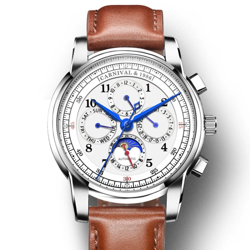 

Carnival Brand Mechanical Switzerland Watch Men Phases Moon Display Genuine Leather Strap Double Calendar Multi-Function Clock
