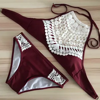 

Sexy Women Push-up Bikini Set Padded Bandage Swimsuit Swimwear Beachwear Wine Red Black Lace Patchwork Biquinis