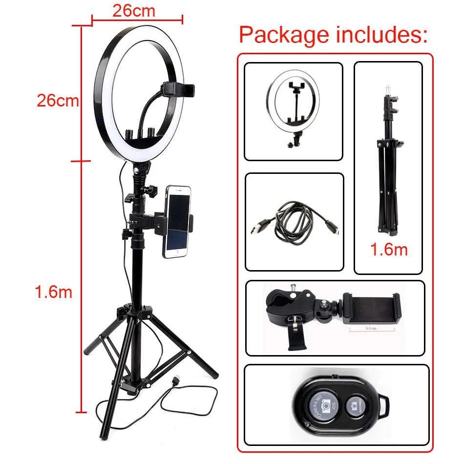 Диммируемый светодиодный 26 см селфи кольцо свет фотография телефон видео кольцо лампа для макияжа Youtube видео для студий с живым звуком+ штатив телефон клип - Цвет: Красный