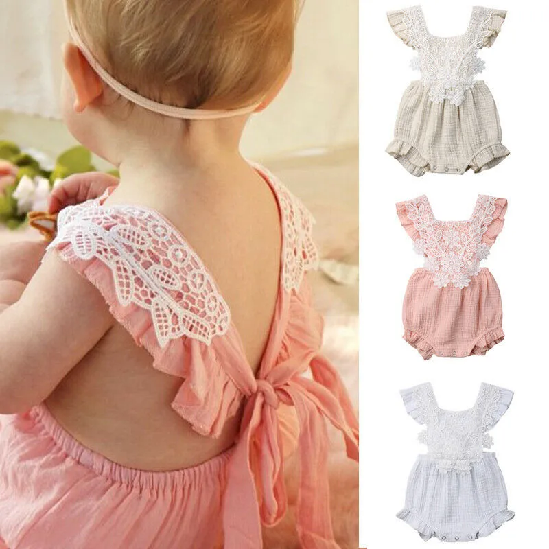 

0-18M Newborn Baby Girls Lace Floral Bodysuit Jumpsuit Playsuit Sunsuit Sleeveless Cute Party Clothes Outfits