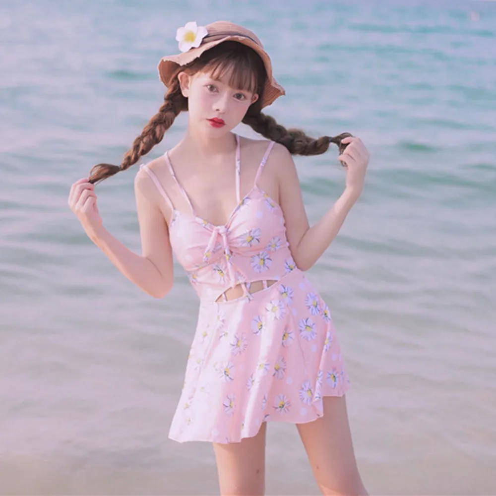 

The Latest Japanese Style Kawaii Girl One Piece Swimsuit Hollow Out Flowers Printed Sexy Beach Wear Bodycon Slim Women Swimwear