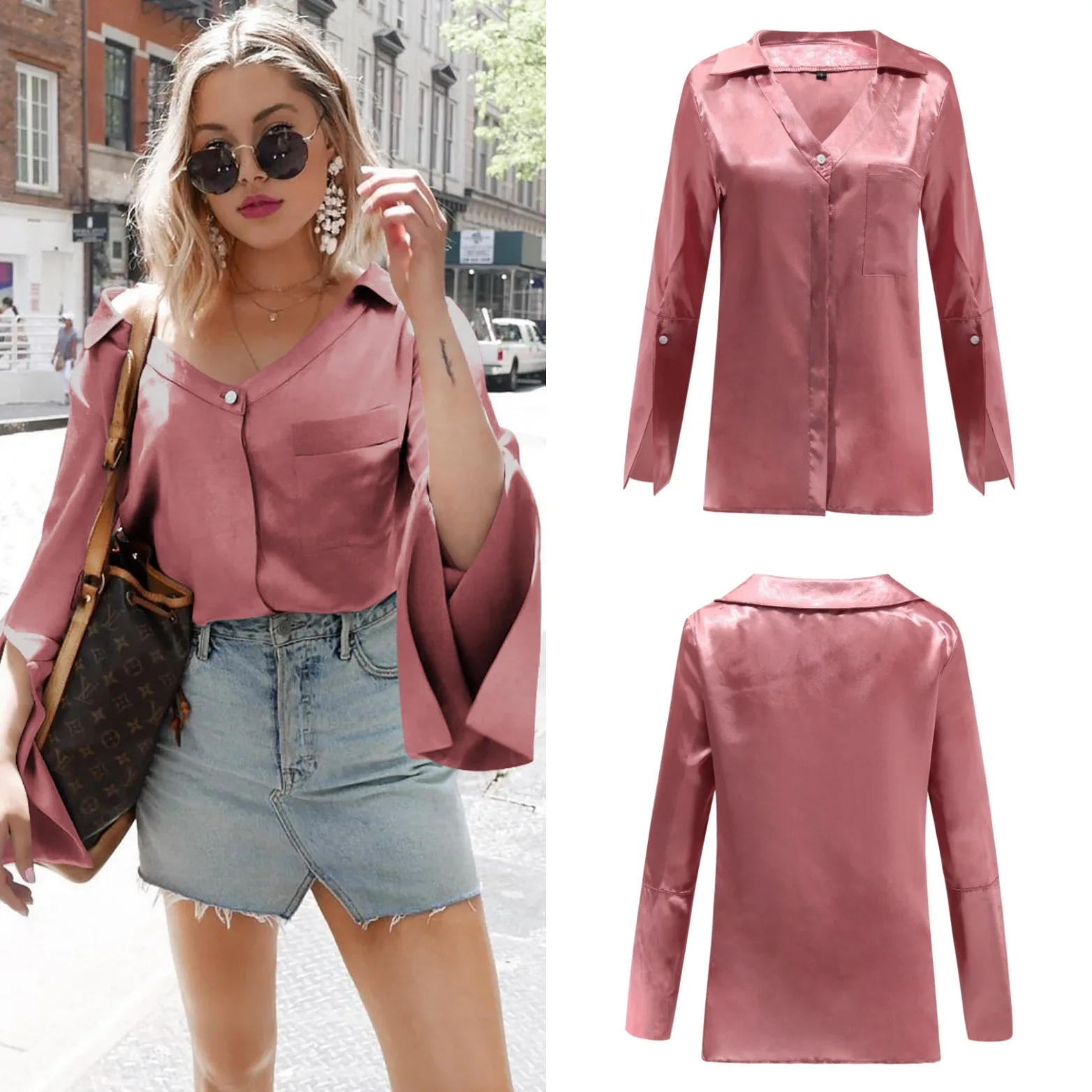 

Vintage Long Sleeve Blouse Women Pink V Neck Office Shirt Elegant Summer Ladies Tops And Blouses 2019 Green Plus Size Streetwear