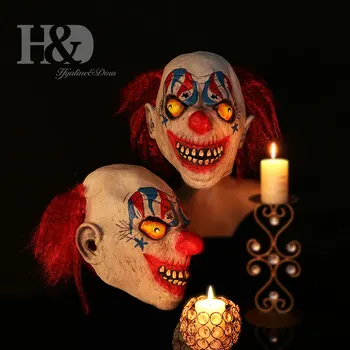 

H&D Scary Demon Clown Mask With red hair The Evil Circus Killer Clown Latex Adult Halloween Costume Masks Horror Joker Mask