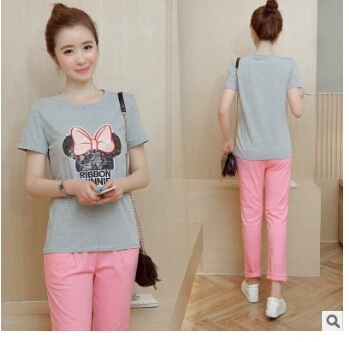 Летний костюм для беременных из двух частей: Корейская рубашка с короткими рукавами+ розовые хлопковые брюки, девять женских Костюмов - Цвет: Темно-серый