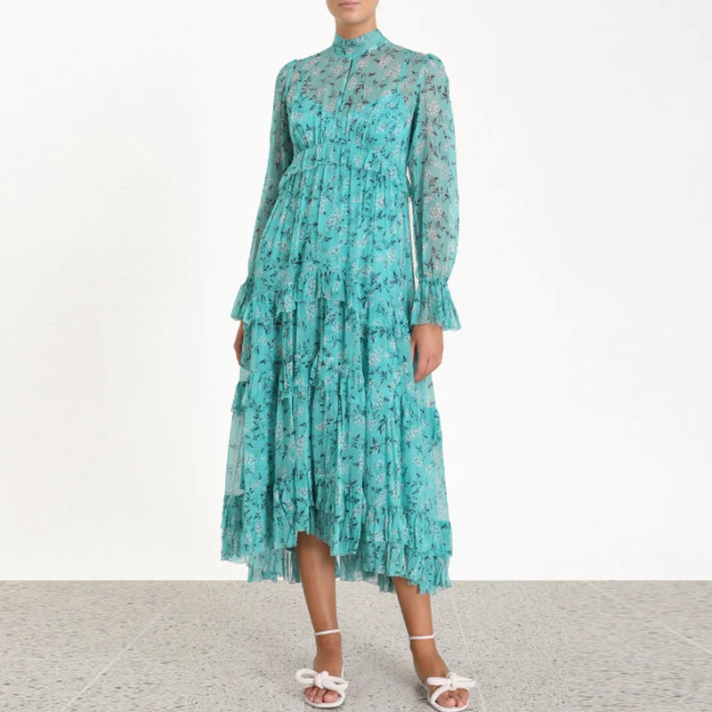 

2019 Runway Designer Elegant Woman Maxi Dress Floral Print Ruffle Inner Blue Dress Holiday Vacation Dresses Two Piece Vestidos