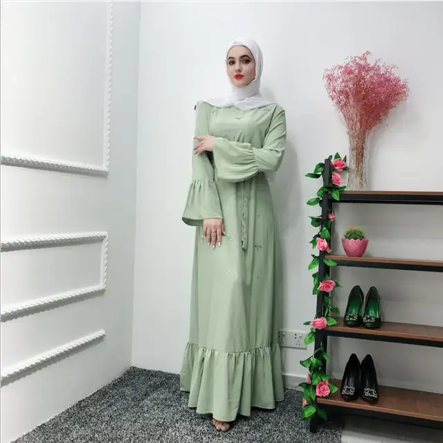 Abaya Robes musulmanes en perles de diamant faites à la main avec ceinture, peignoir, volants pleine longueur