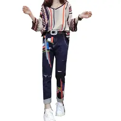 Весна 2019, Женский комплект из 2 предметов, 3XL, большой размер, женский свитер в полоску с длинными рукавами, Свободный Вязаный топ, штаны