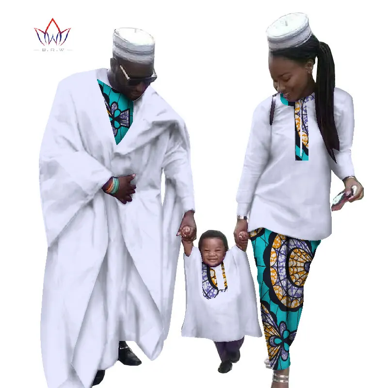 Африка Костюмы 2017 Африканский Dashiki батик отпечатки Африканский Для мужчин халат рубашка Леди пары платье и мальчика халат комплект из 3