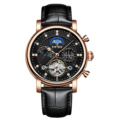 KINYUED автоматические турбийон часы для мужчин Moon Phase роскошный модный бренд Скелет механические часы для мужчин s розовое золото Reloj - Цвет: Gold Black