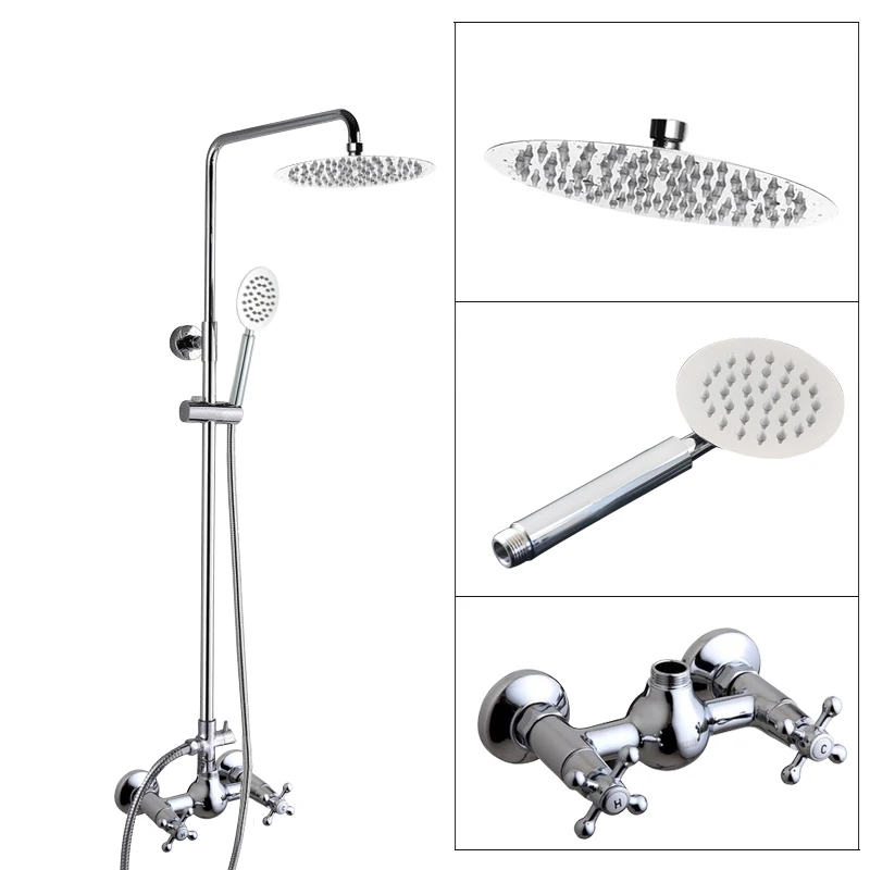 

Polished Chrome Brass Bathroom Wall Mounted Round Rain Shower Faucet Set with Hand Spray Two Cross Handles Mixer Tap acy309