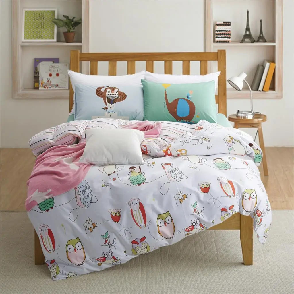 100 Cotton Owl Print Kids Bedding Set Queen Twin Size With Quilt