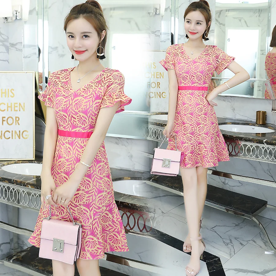 

2019 Korean Vintage Red Lace Boho Sundress Summer Plus Size Print Beach Sexy Mini Dresses Elegant Women Party Bodycon Vestidos