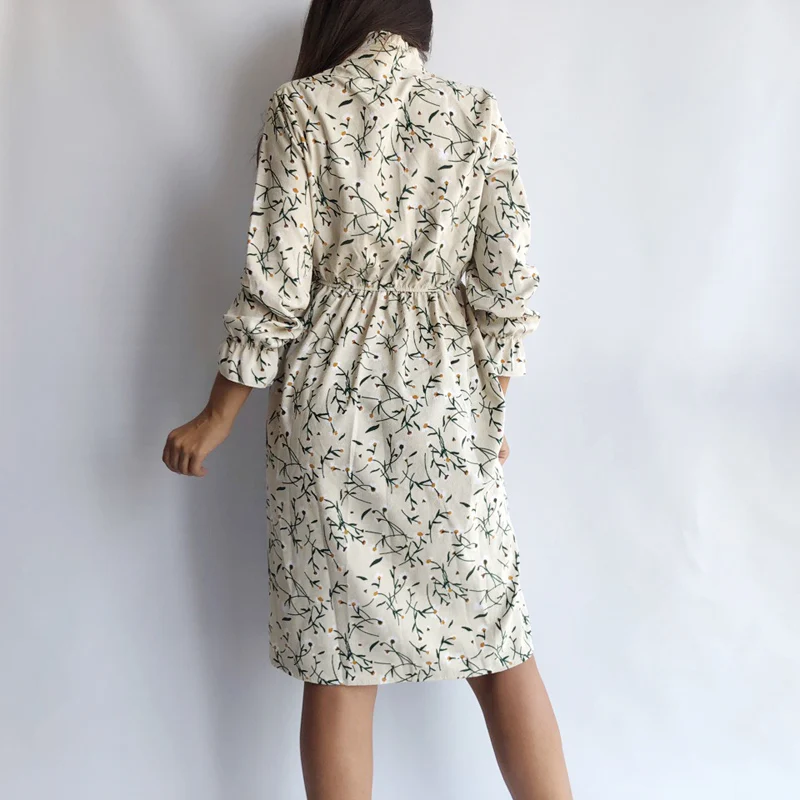 Ceny Sztruksowa miękka kwiatowa nadruk kobiety jesienno zimowa sukienka stójka kołnierz kobiece Party luźne sukienki w pasie plaża Vestidos