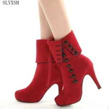 SLYXSH/Модные женские ботинки; новая обувь черного цвета; ботильоны на платформе; Брендовая женская обувь; сезон осень-зима; красные плюшевые ботинки; Размеры 35-39