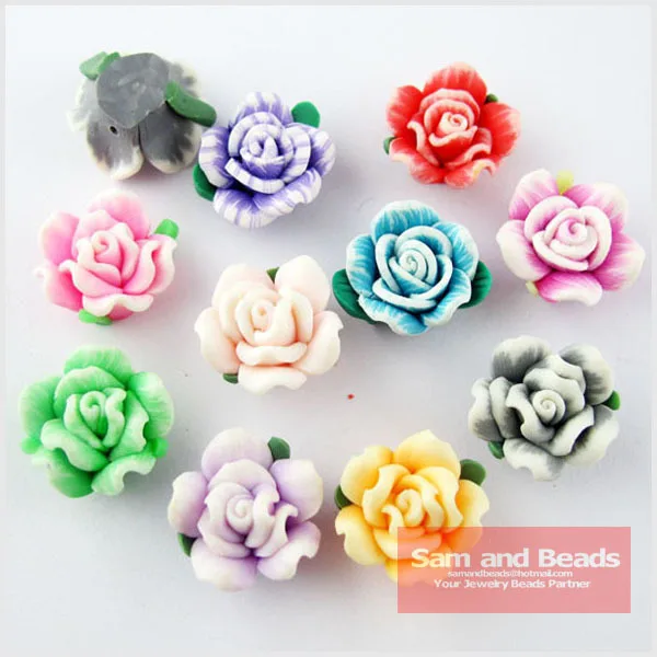 

Whole !!! (30Pcs=1Lot !) Random Mixed Polymer Fimo Clay Flower With Leaf Spacer Beads Charms 15mm For Jewelry Making FM05