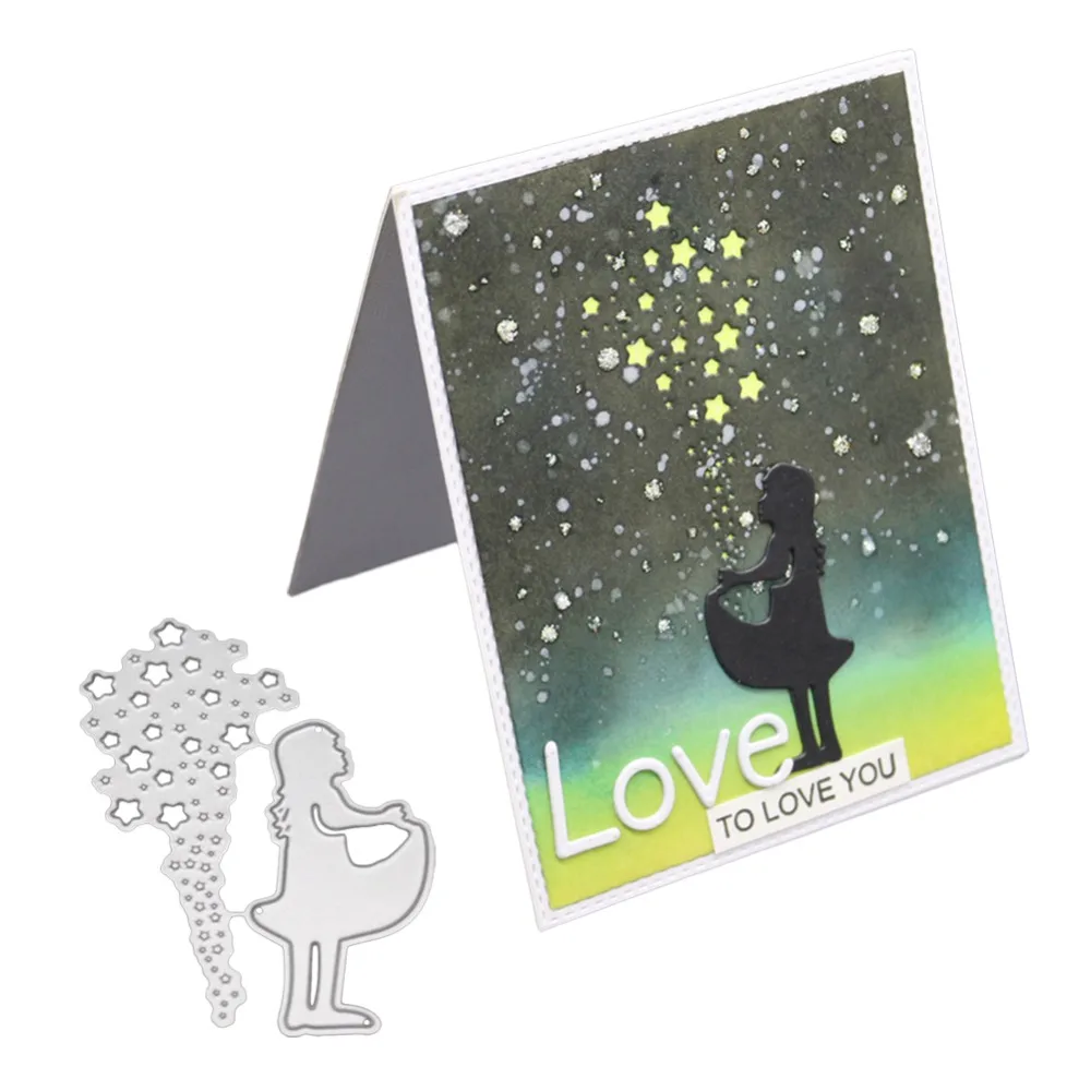 

59*85MM Metal Steel Cutting Dies Stencils Girl Under the Star Stitched Frame DIY Scrapbooking Stamps Craft Embossing Dies Cut
