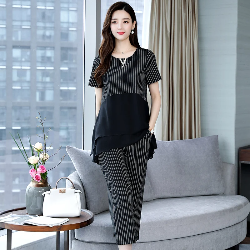 

YICIYA Women Two Piece Matching Set Outfits 2019 Summer suits Plus Size 4XL 5XL Pants and Top Co-ord Set Stripes Black Clothing