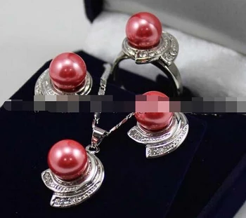 

free shipping 07878 Pink Rose South sea Shell Pearl Earrings Ring & Necklace Pendant Set (A0423)