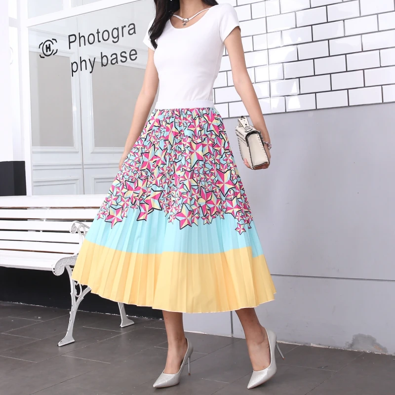 New Fashion Floral Print High Waist Elastic Streetwear Summer Skirts Women Pleated Mid-Calf Swing Party Skirt Indie Folk - Цвет: 1095-019