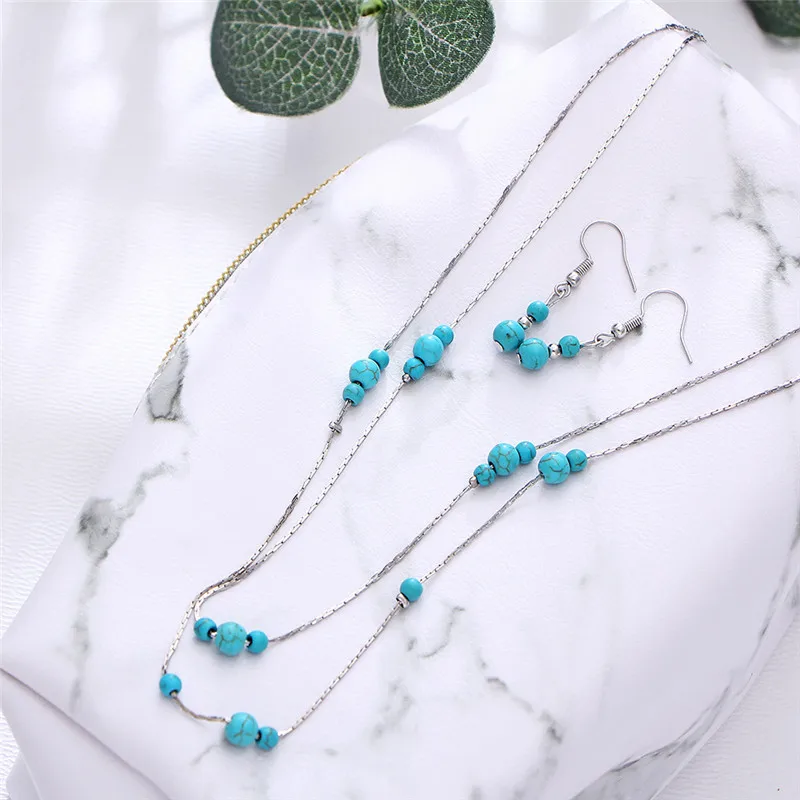 

ROMAD Natural Stone Necklace for Women Gold Silver Snake Chain Multi layer Vintage Jewelry Set Blue Rhinestone Drop Earrings R4