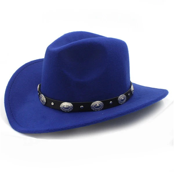 LUCKYLIANJI, шерсть, войлок, женская мужская Ковбойская шляпа в западном стиле с широкими полями, панк, кожаный ремень, шляпа-федора(Размер: 57 см/США 7 1/8
