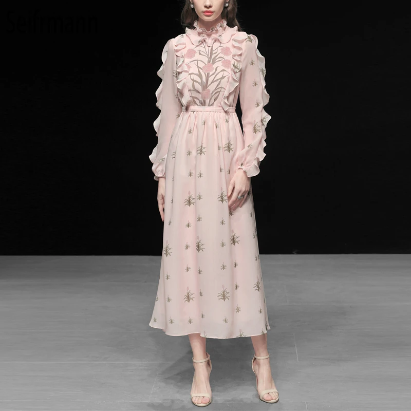 

Seifrmann Summer Women Dress Runway Fashion Designer Ruffles Mesh Overlay Floral Printed Elegant Vintage Party Long Dresses