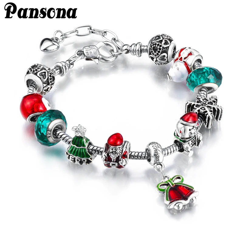Alloy Crystal Authentic Silver Charms Beads Bracelets Fit European Bangle Christmas Gift for Womens and Girls
